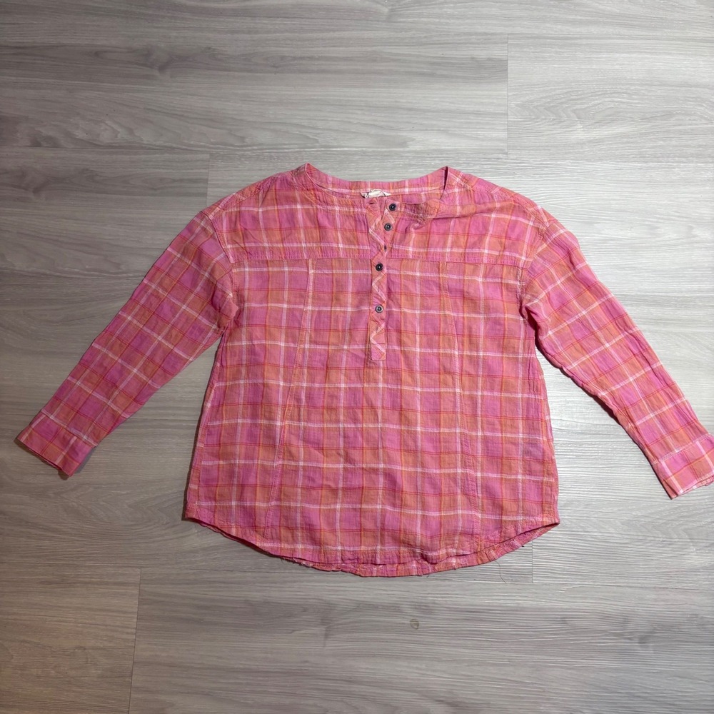 Beach lunch lounge Blouse Women Pink Orange Plaid Long Sleeve Button Front Siz S